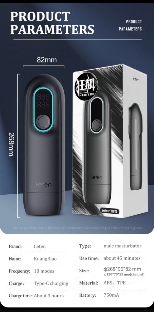 Leten Raging Storm Automatic Piston Blowjob Heating Black Hole Jet Masturbator Cup