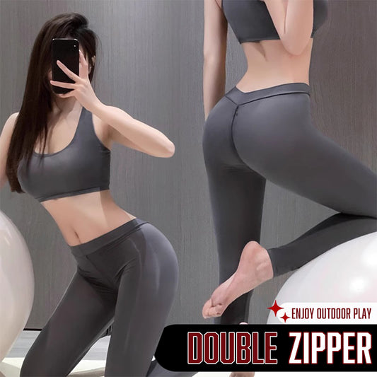 Sporty Sexy Lingerie Vest and Yoga Crotch Zippered Leggings Set