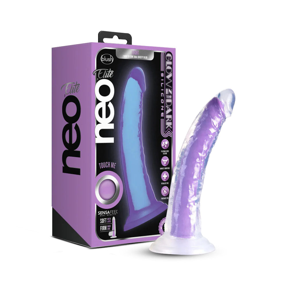 Neo Elite By Blush Glow In The Dark Neon Purple: 7.5-Inch Long Dildo - Made with Purio Silicone & SensaFeel Dual Density Realistic Technology