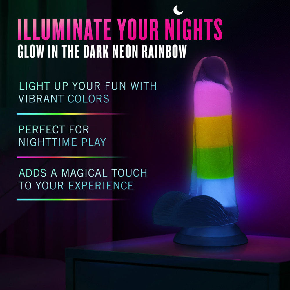 Neo Elite By Blush Rainbow Rave - 6.5 Inch Glow-In-The-Dark Dildo - Dual Density Liquid Silicone – Harness Compatible - Rainbow
