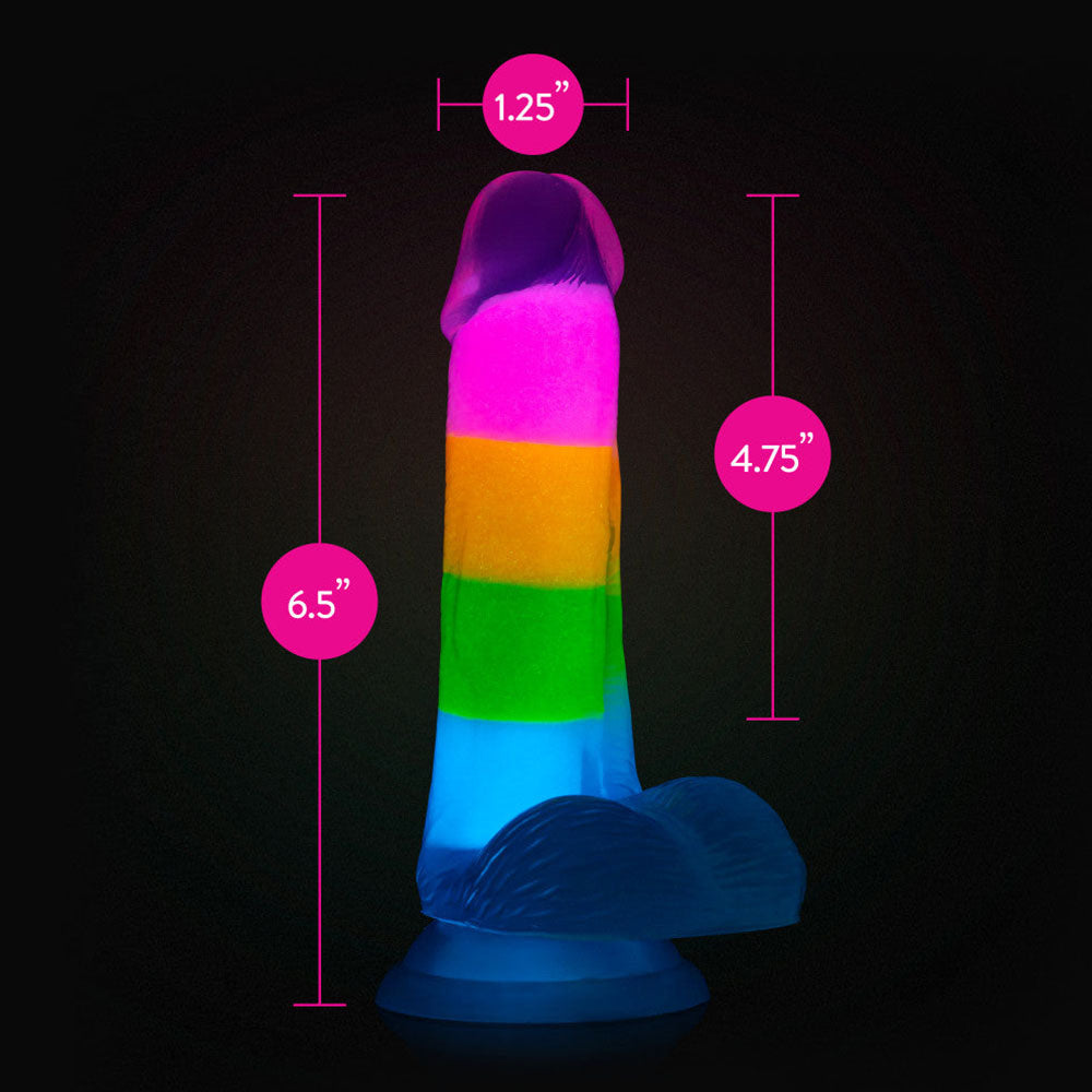 Neo Elite By Blush Rainbow Rave - 6.5 Inch Glow-In-The-Dark Dildo - Dual Density Liquid Silicone – Harness Compatible - Rainbow