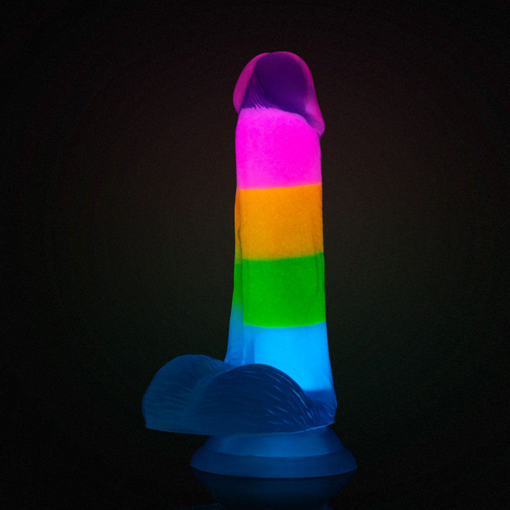 Neo Elite By Blush Rainbow Rave - 6.5 Inch Glow-In-The-Dark Dildo - Dual Density Liquid Silicone – Harness Compatible - Rainbow