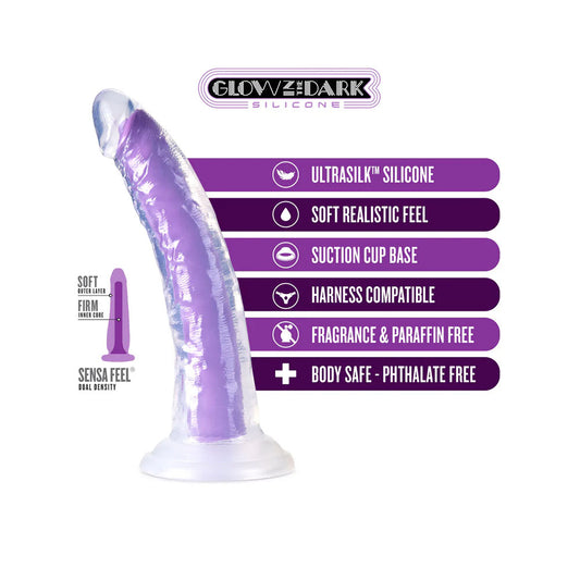 Neo Elite By Blush Glow In The Dark Neon Purple: 7.5-Inch Long Dildo - Made with Purio Silicone & SensaFeel Dual Density Realistic Technology