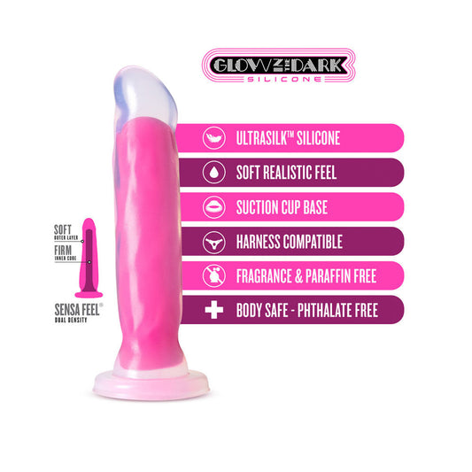 Neo Elite By Blush Marquee Glow In The Dark Neon Pink: 8-Inch Long Dildo - Made with Purio Silicone & SensaFeel Dual Density Realistic Technology