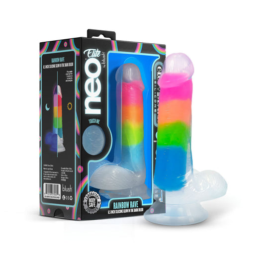 Neo Elite By Blush Rainbow Rave - 6.5 Inch Glow-In-The-Dark Dildo - Dual Density Liquid Silicone – Harness Compatible - Rainbow