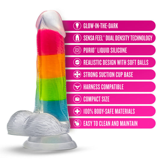 Neo Elite By Blush Rainbow Rave - 6.5 Inch Glow-In-The-Dark Dildo - Dual Density Liquid Silicone – Harness Compatible - Rainbow