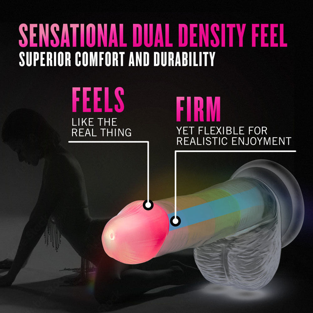 Neo Elite By Blush Rainbow Rave - 6.5 Inch Glow-In-The-Dark Dildo - Dual Density Liquid Silicone – Harness Compatible - Rainbow